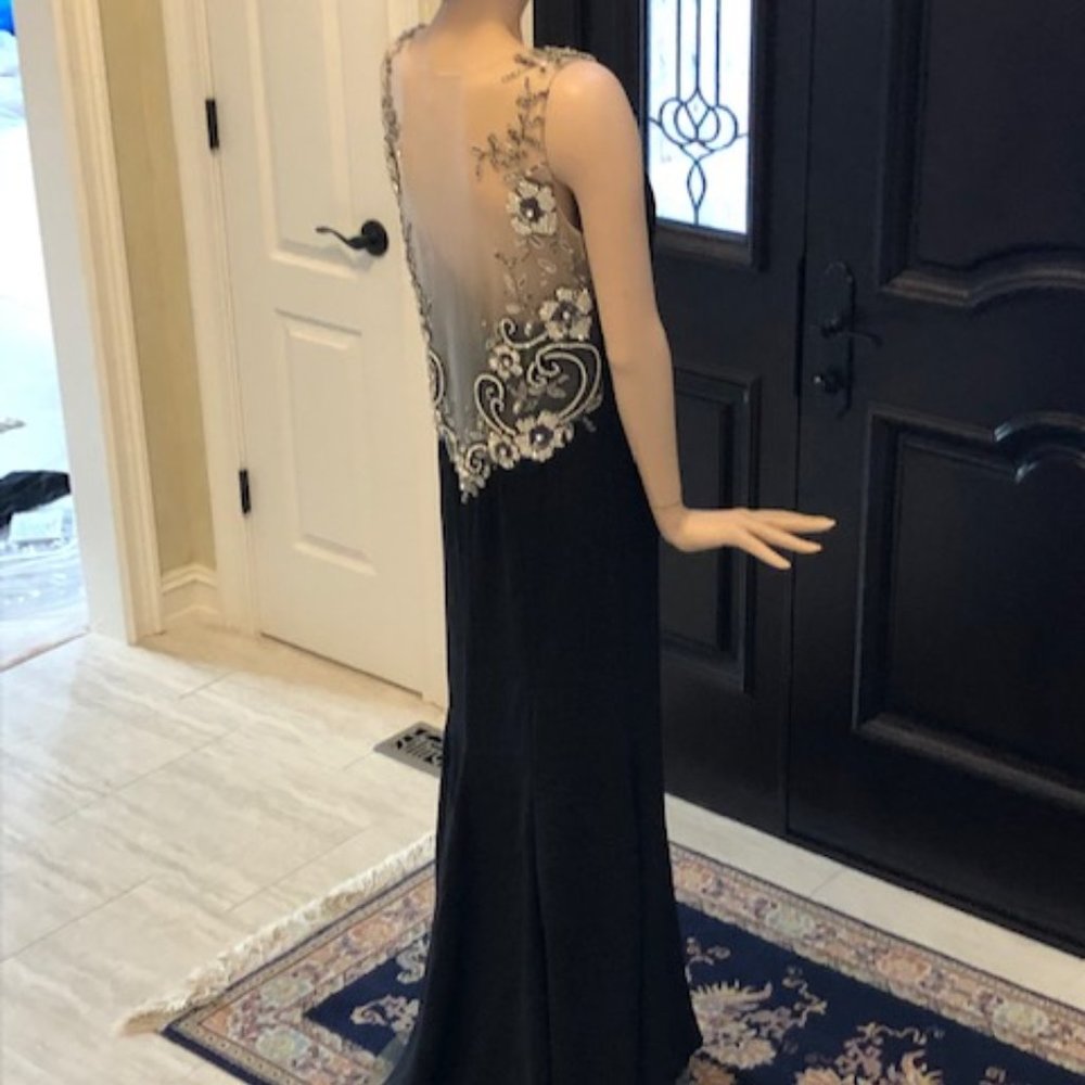 Black, beaded, sheer back evening gown